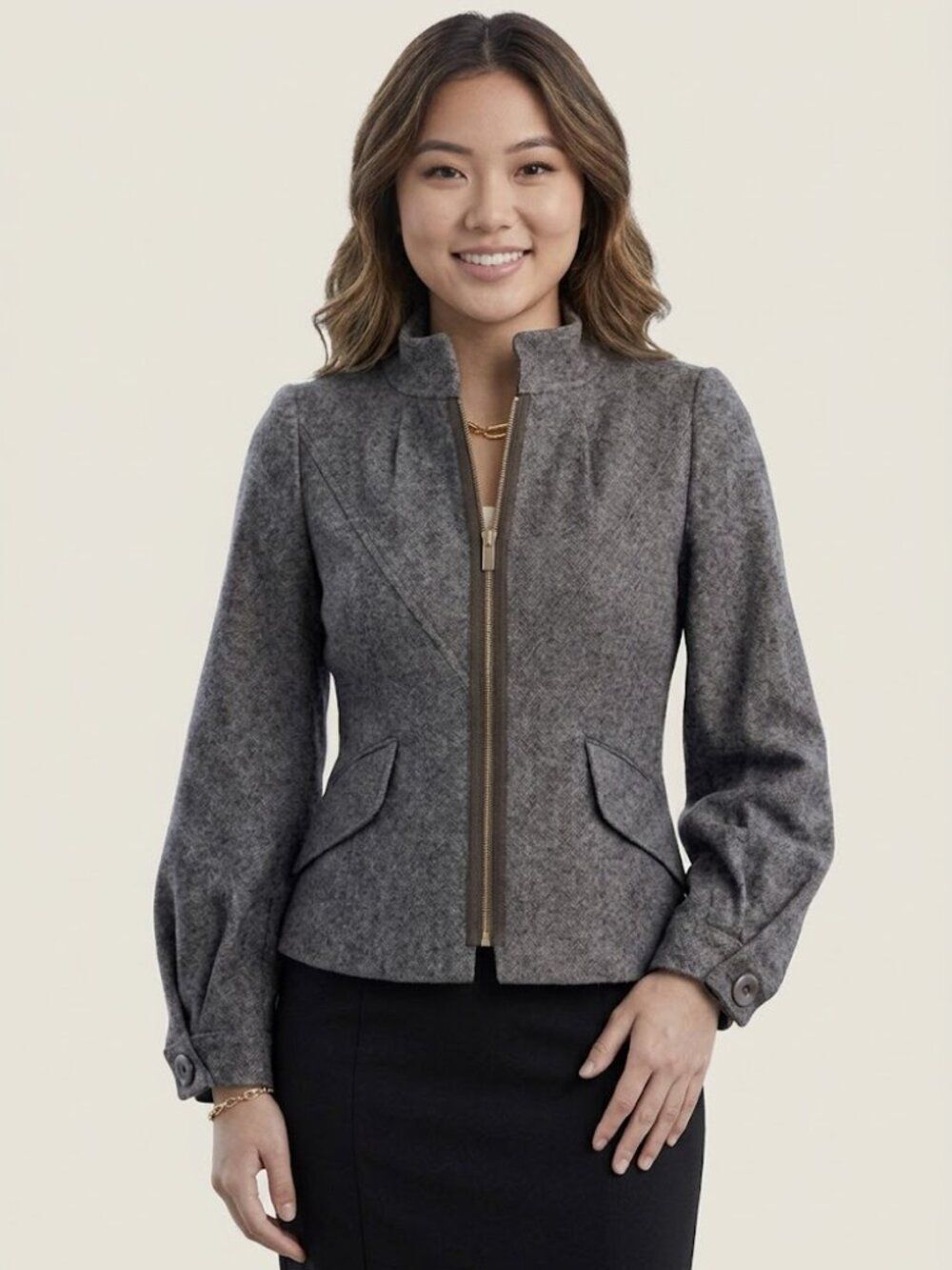 BCBGMaxAzria Gray Zip-Front Tailored Wool Blend Blouson Sleeve Jacket XXS